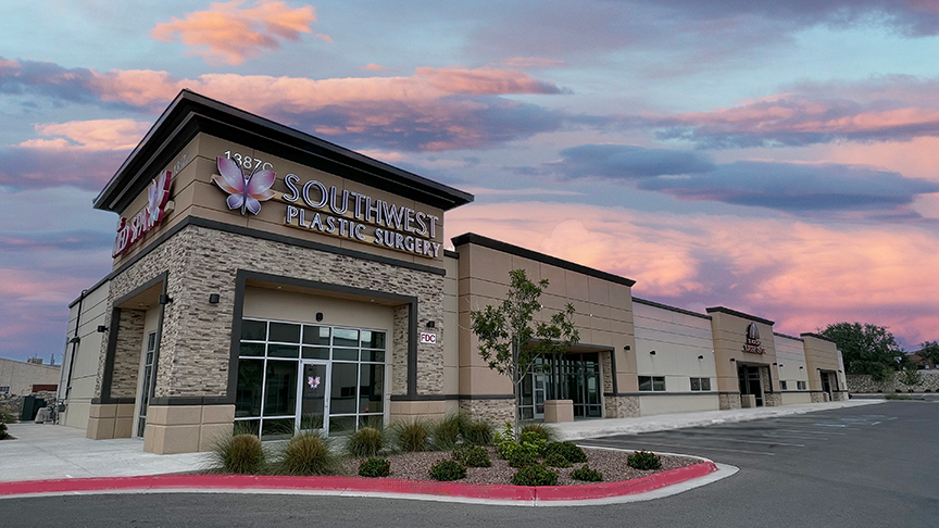 Southwest Plastic Surgery building exterior in El Paso, Texas — Dr. Frank Agullo's practice at sunset